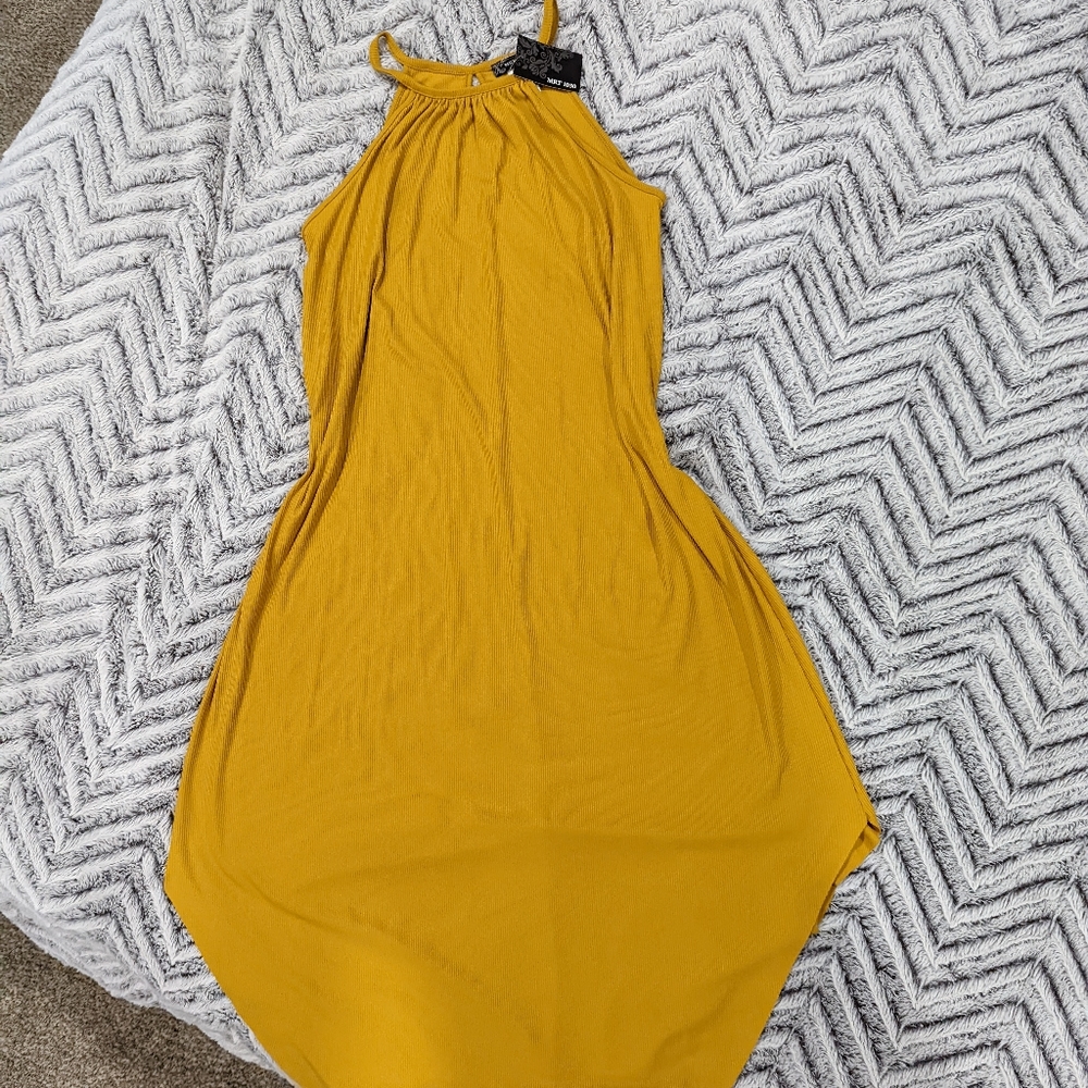 Mustard dress, long flowy, comfortable, halter style